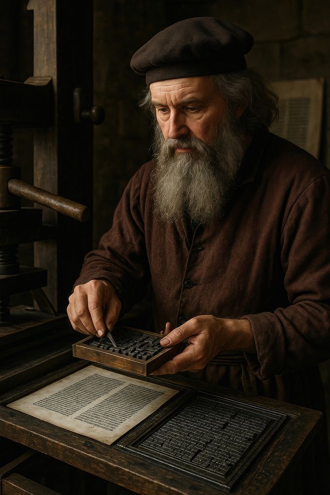 مشهد تاريخي لمطبعة قديمة أثناء العمل، مناسب لموضوع تطور فكرة الطباعة عبر العصور